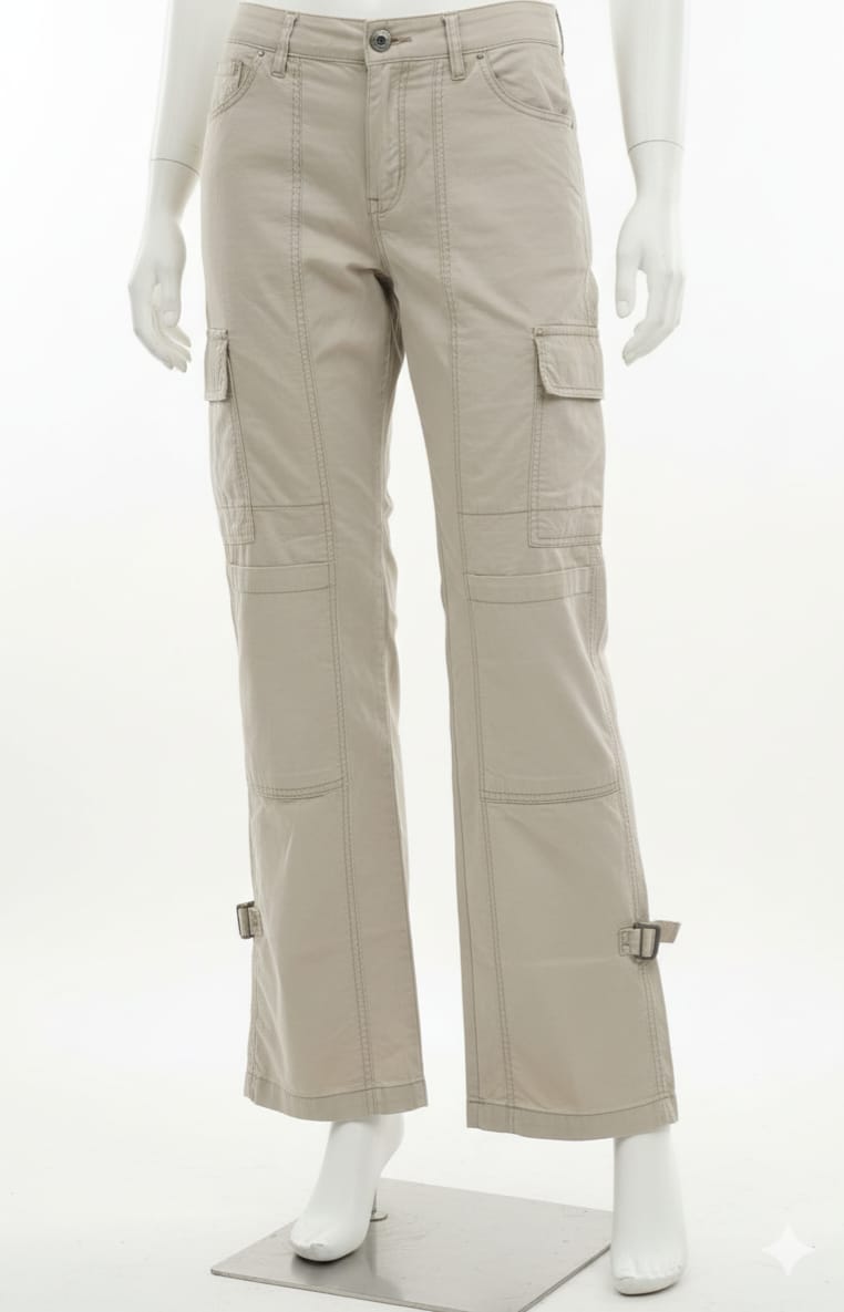 Beige cargo pants on a mannequin against a white background