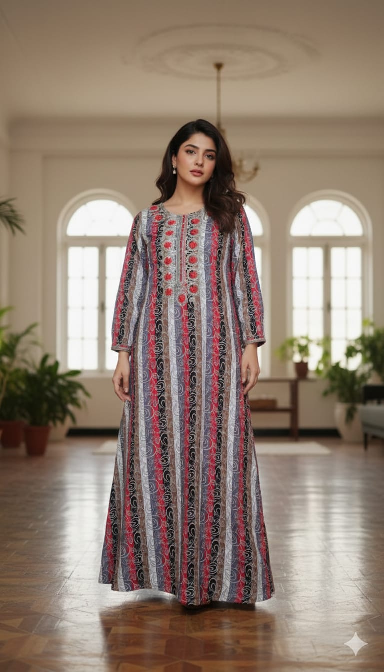 Embroided neckline and sleeves Rayon Jalabia dress