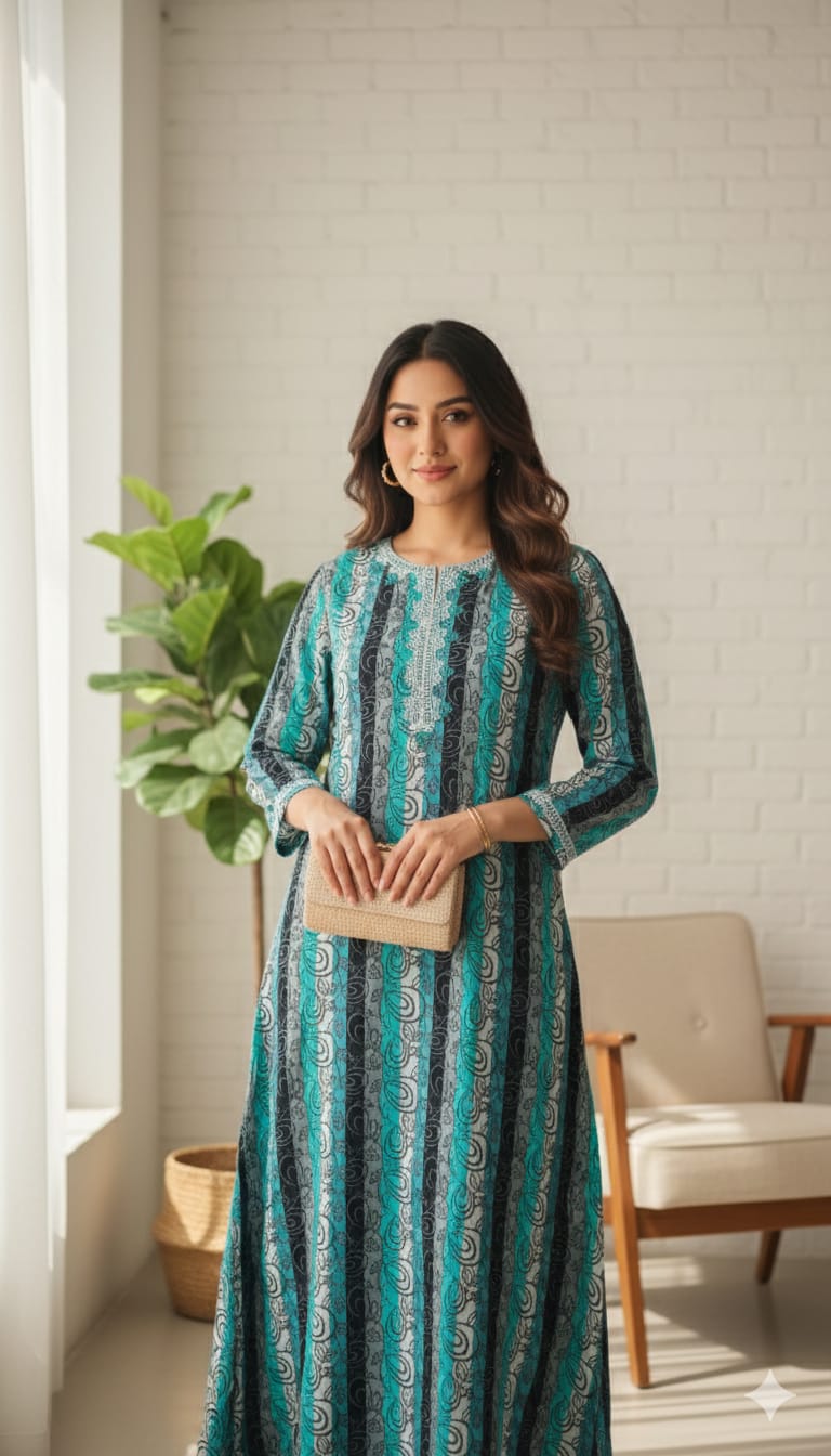 Woman in a long, patterned dress standing in a room with a plant and chair.